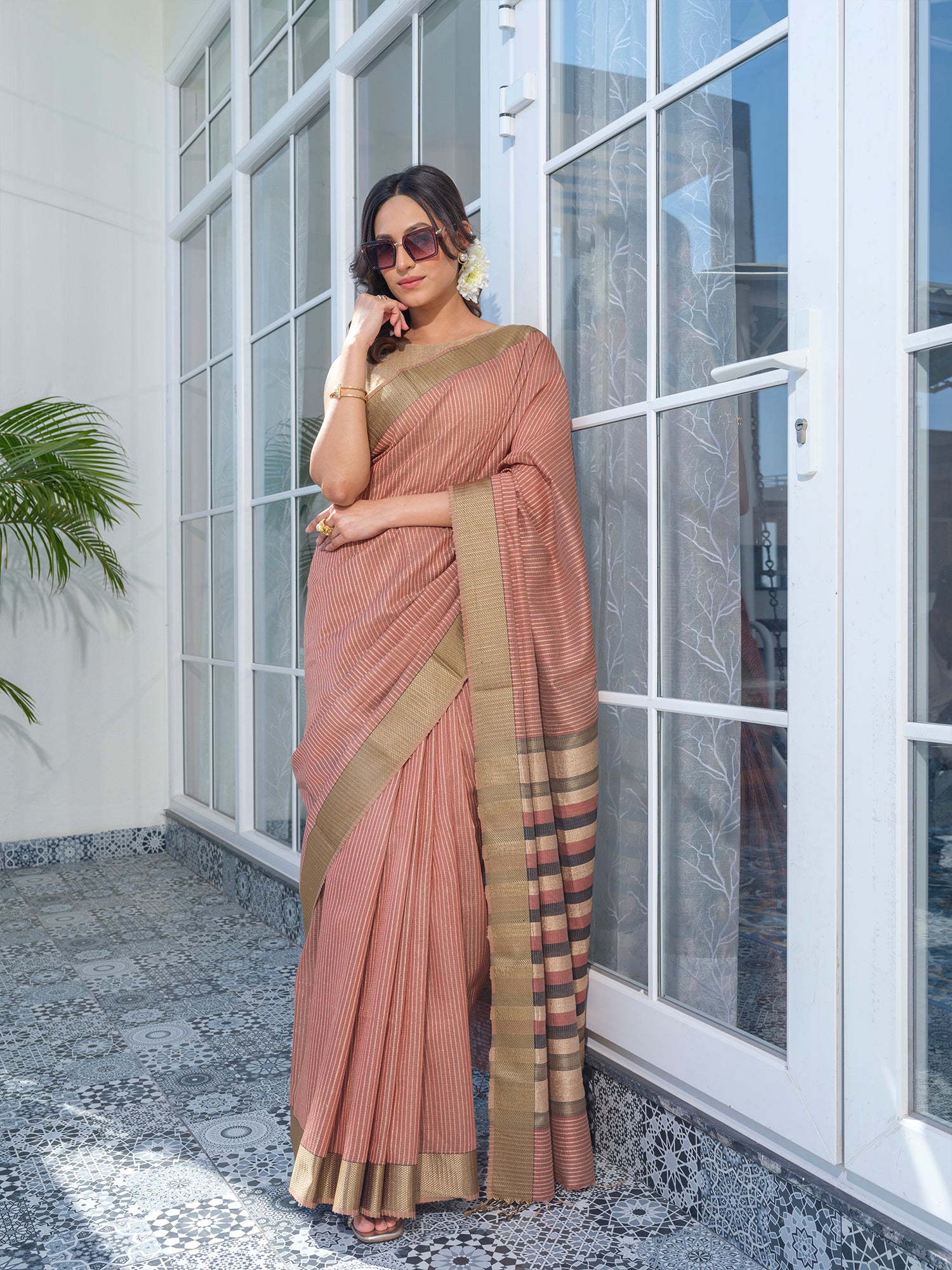 Dusky Rose Maheswari Cotton Silk and Tussar Jute Saree