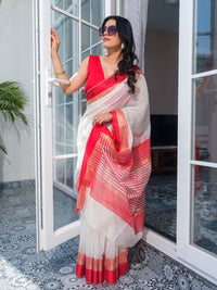 Red and White Maheswari Cotton Silk Saree