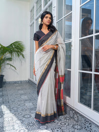 Black and White Maheswari Cotton Silk Saree