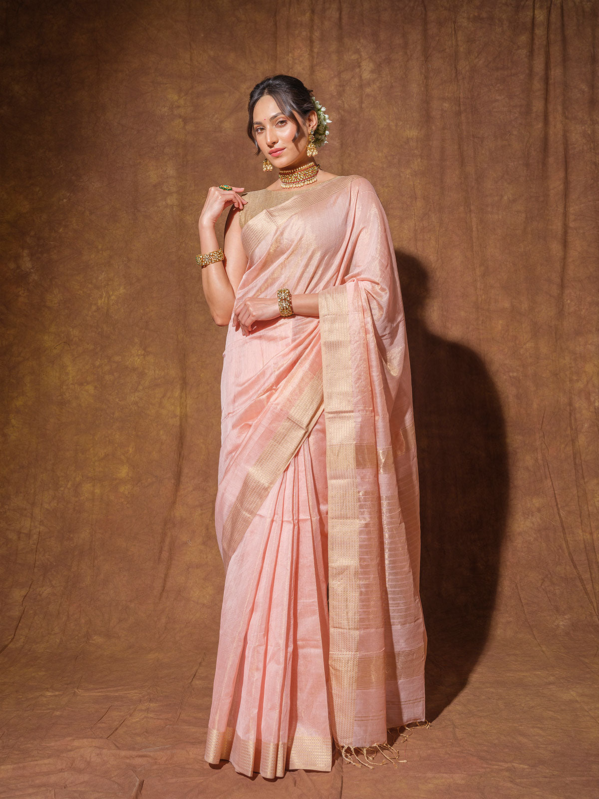 Blush Peach Maheshwari Cotton Silk Handloom Saree with Zari