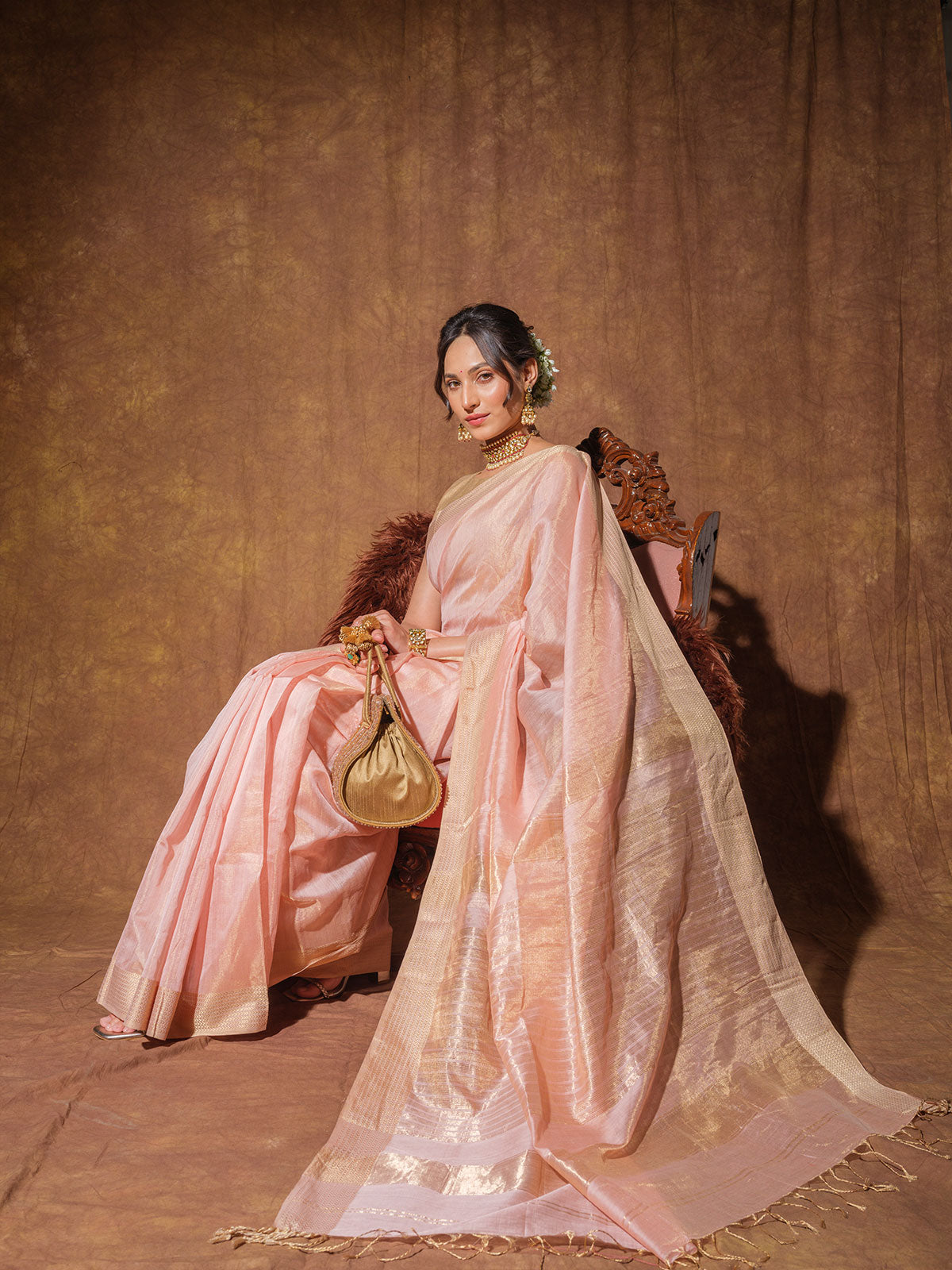 Blush Peach Maheshwari Cotton Silk Handloom Saree with Zari