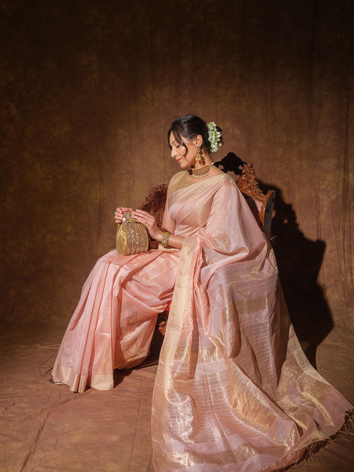 Blush Peach Maheshwari Cotton Silk Handloom Saree with Zari