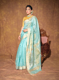 Ice Blue Maheshwari Cotton Silk Handloom Saree with Zari