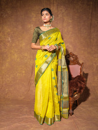 Lime Yellow Maheshwari Cotton Silk Handloom Saree with Zari