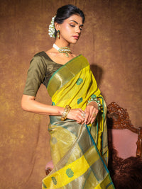 Lime Yellow Maheshwari Cotton Silk Handloom Saree with Zari