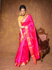 Fuchsia Pink Maheshwari Cotton Silk Handloom Saree with Zari