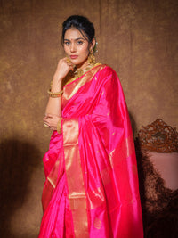 Fuchsia Pink Maheshwari Cotton Silk Handloom Saree with Zari