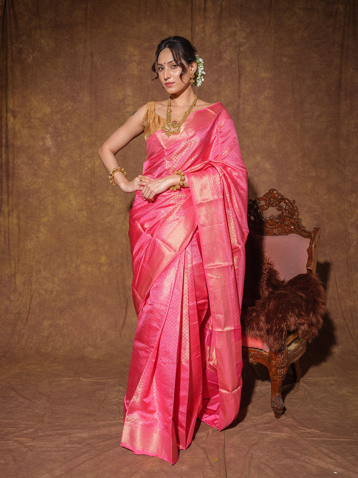 Rose Pink Maheshwari Cotton Silk Handloom Saree with Zari