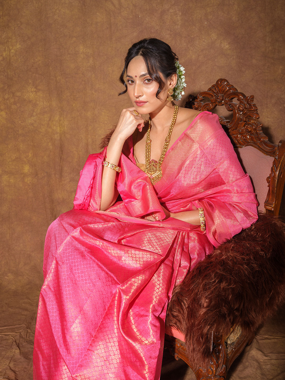 Rose Pink Maheshwari Cotton Silk Handloom Saree with Zari