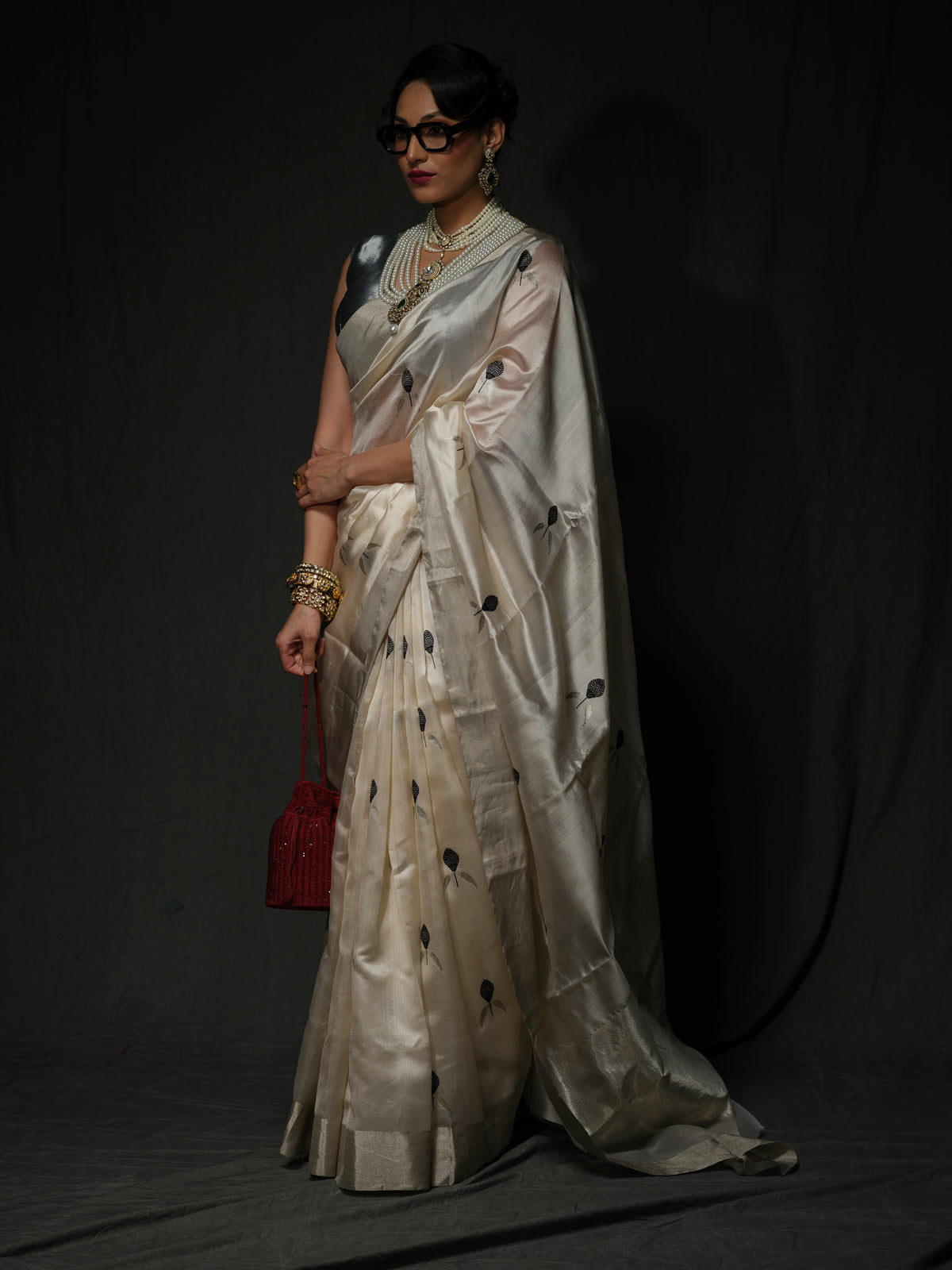 Sundari -Ivory Soft Pattu Silk Saree with Black Flower Buds Motifs
