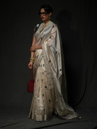 Sundari -Ivory Soft Pattu Silk Saree with Black Flower Buds Motifs