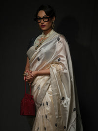 Sundari -Ivory Soft Pattu Silk Saree with Black Flower Buds Motifs