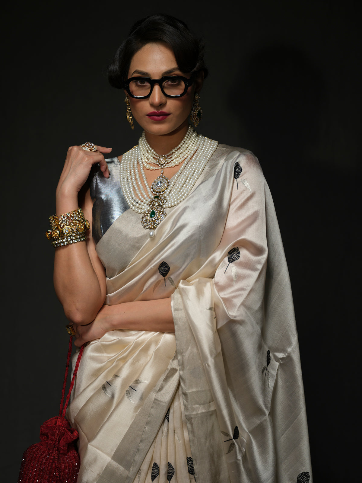 Sundari -Ivory Soft Pattu Silk Saree with Black Flower Buds Motifs