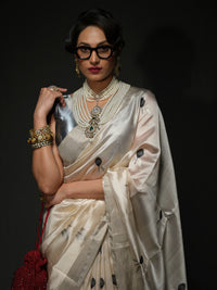 Sundari -Ivory Soft Pattu Silk Saree with Black Flower Buds Motifs