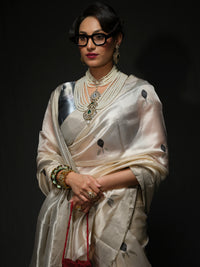 Sundari -Ivory Soft Pattu Silk Saree with Black Flower Buds Motifs