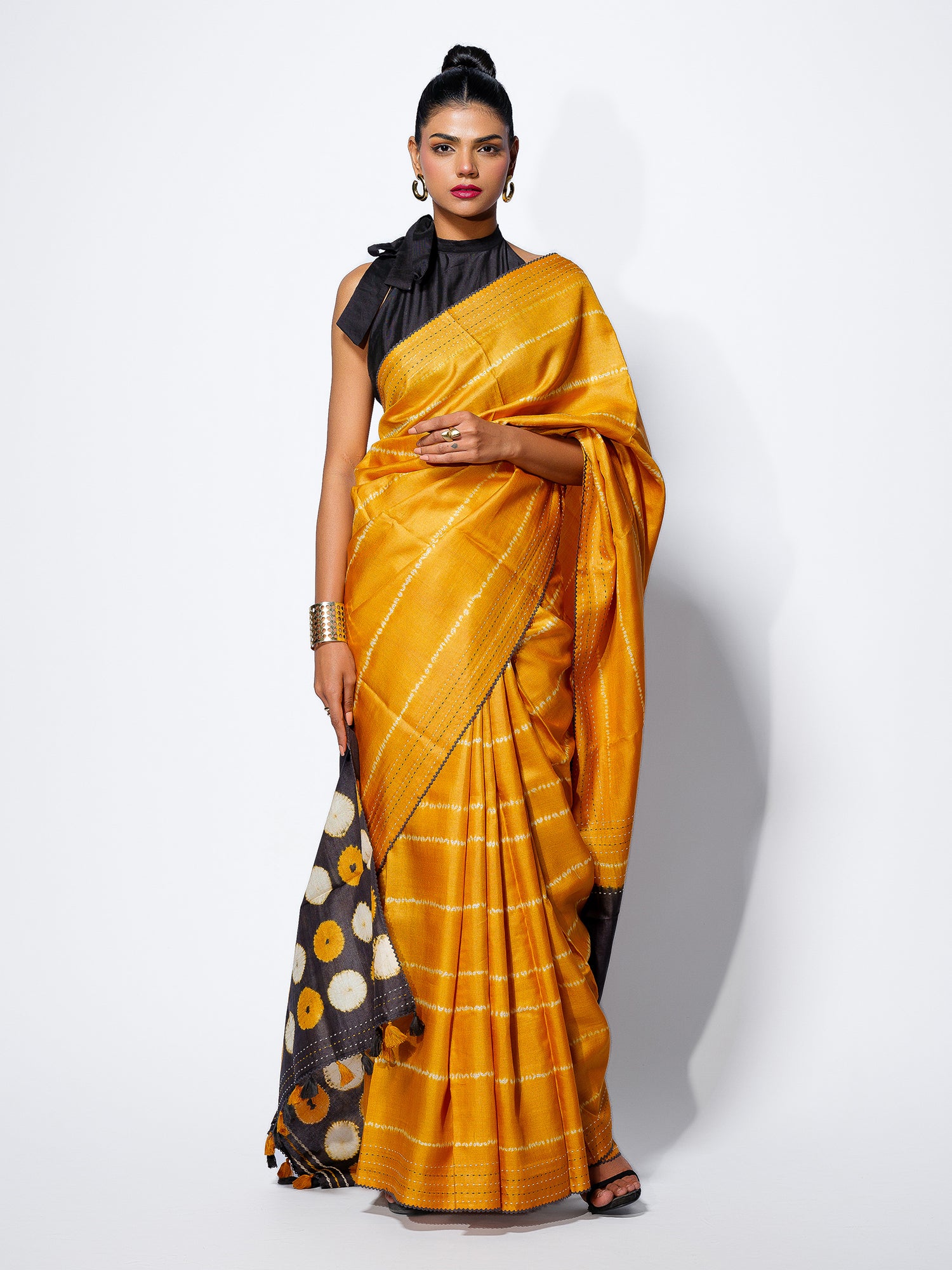 Golden Glow - Mustard Yellow Tussar Kantha Shibori Handloom Saree