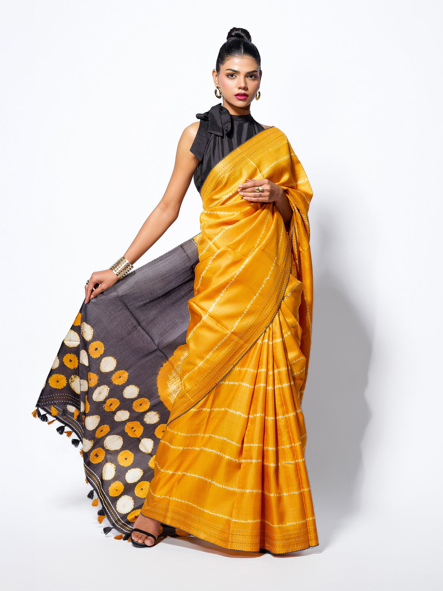 Golden Glow - Mustard Yellow Tussar Kantha Shibori Handloom Saree