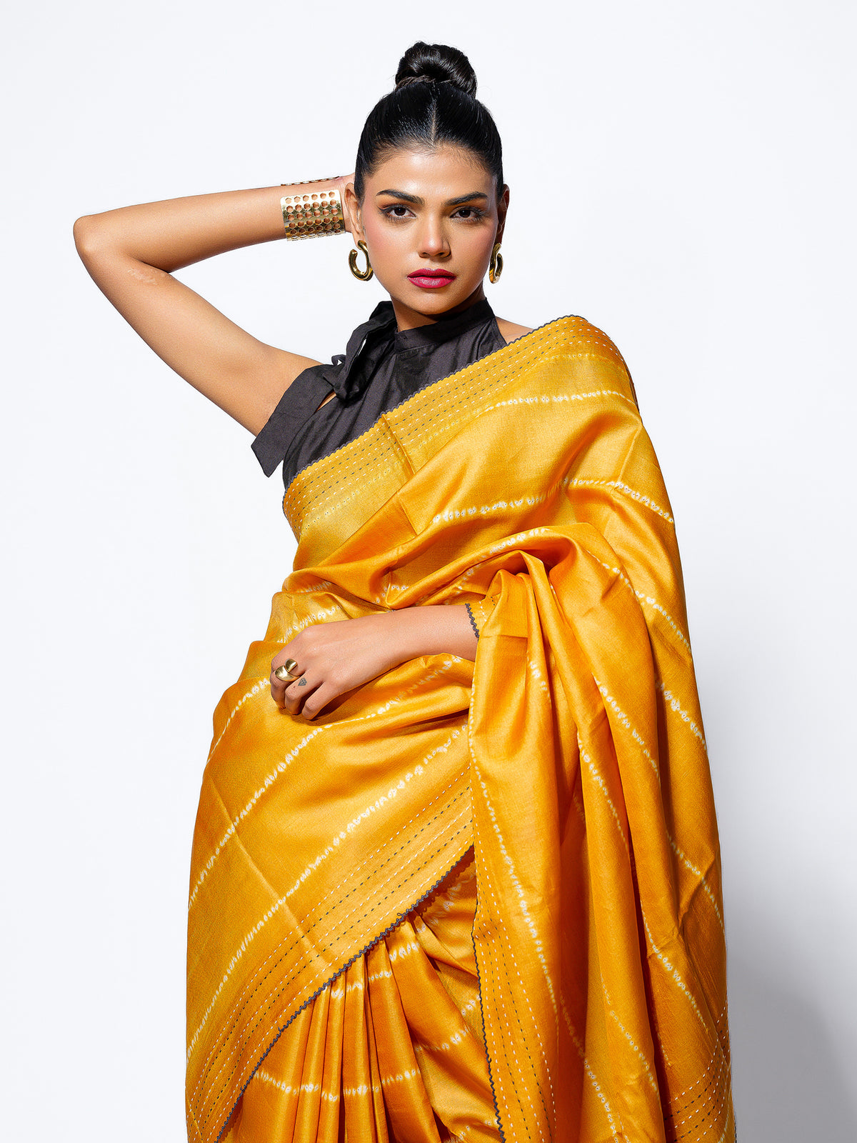 Golden Glow - Mustard Yellow Tussar Kantha Shibori Handloom Saree