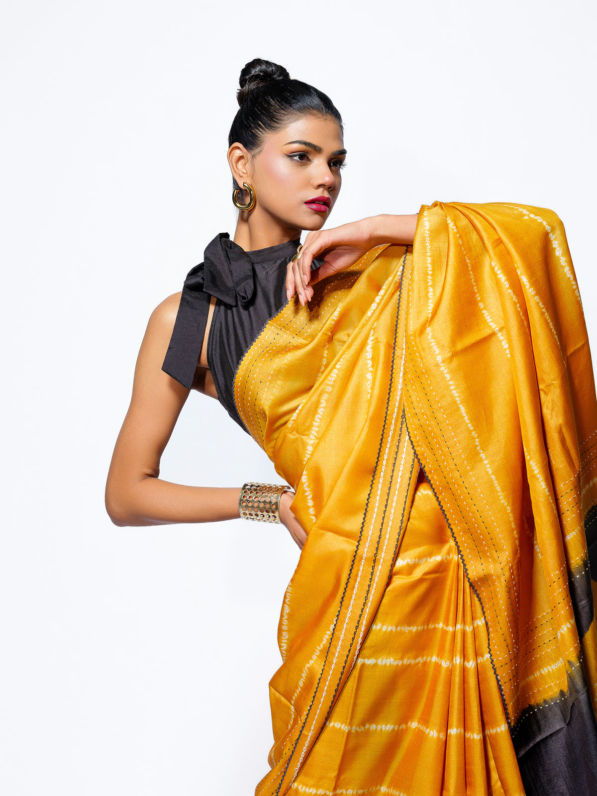 Golden Glow - Mustard Yellow Tussar Kantha Shibori Handloom Saree