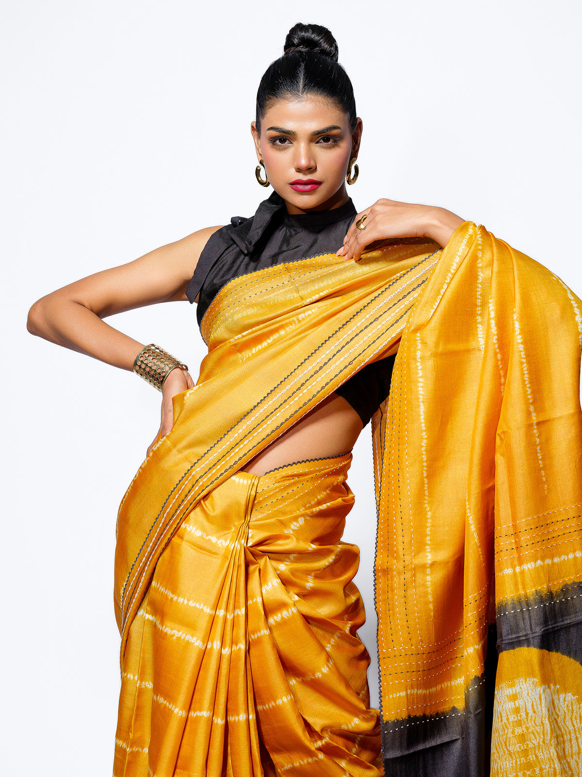 Golden Glow - Mustard Yellow Tussar Kantha Shibori Handloom Saree