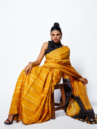 Golden Glow - Mustard Yellow Tussar Kantha Shibori Handloom Saree