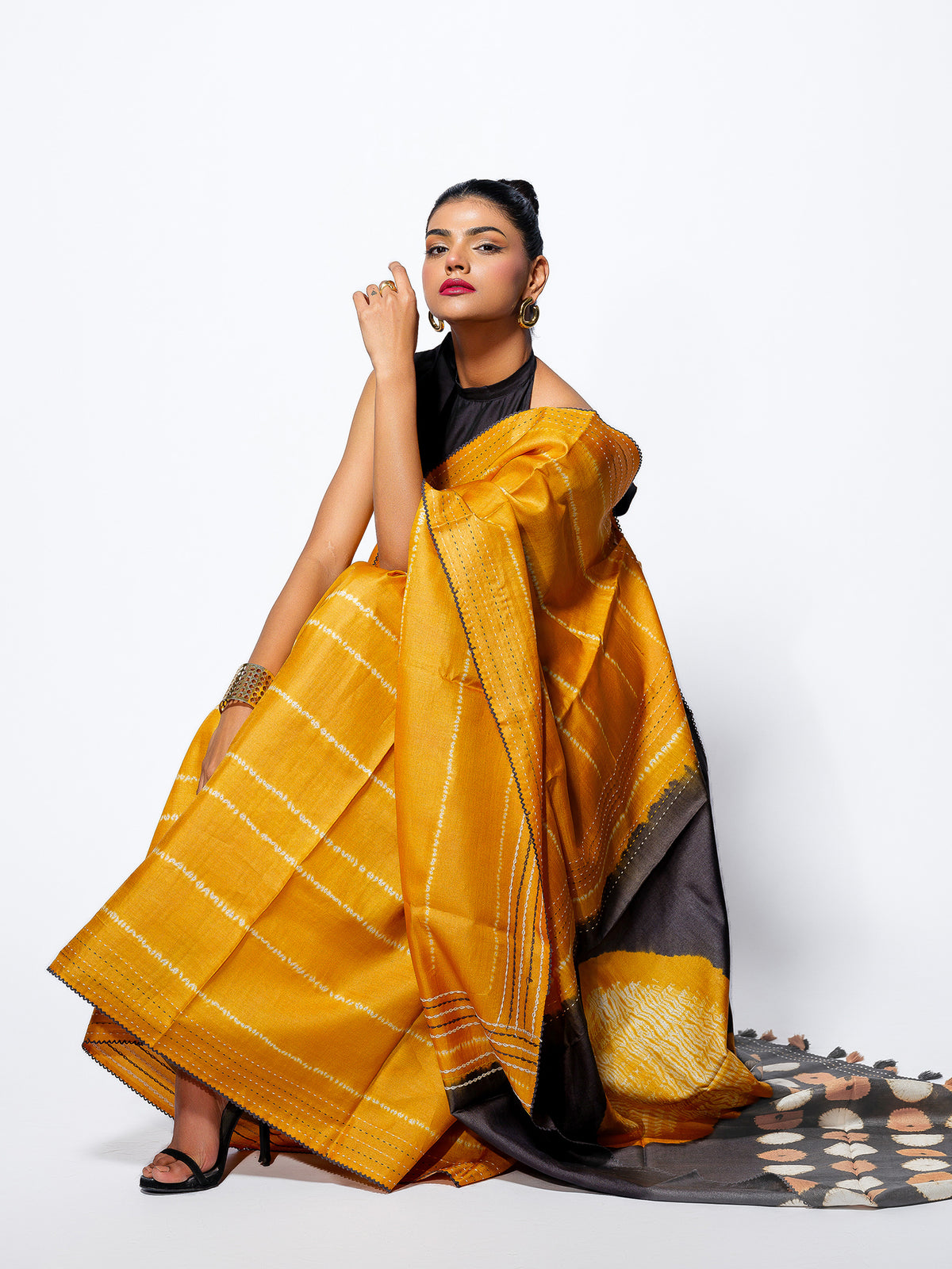 Golden Glow - Mustard Yellow Tussar Kantha Shibori Handloom Saree