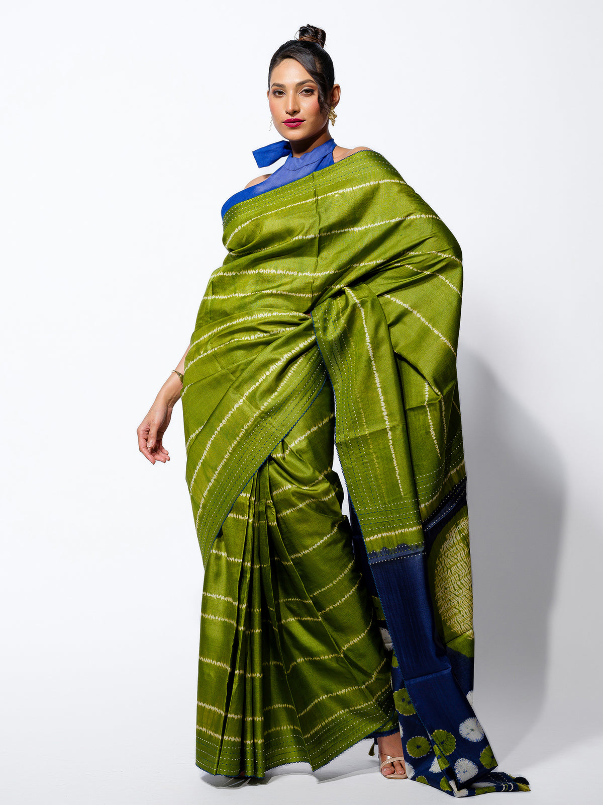 Monsoon Whisper - Olive Green Tussar Kantha Shibori Handloom Saree
