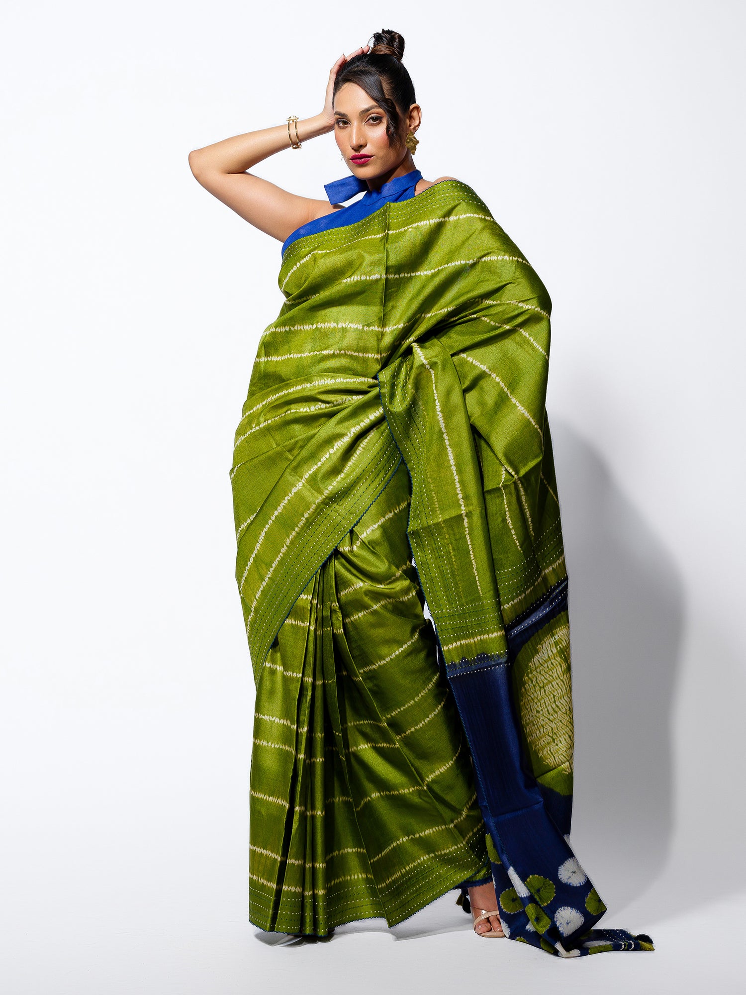 Monsoon Whisper - Olive Green Tussar Kantha Shibori Handloom Saree