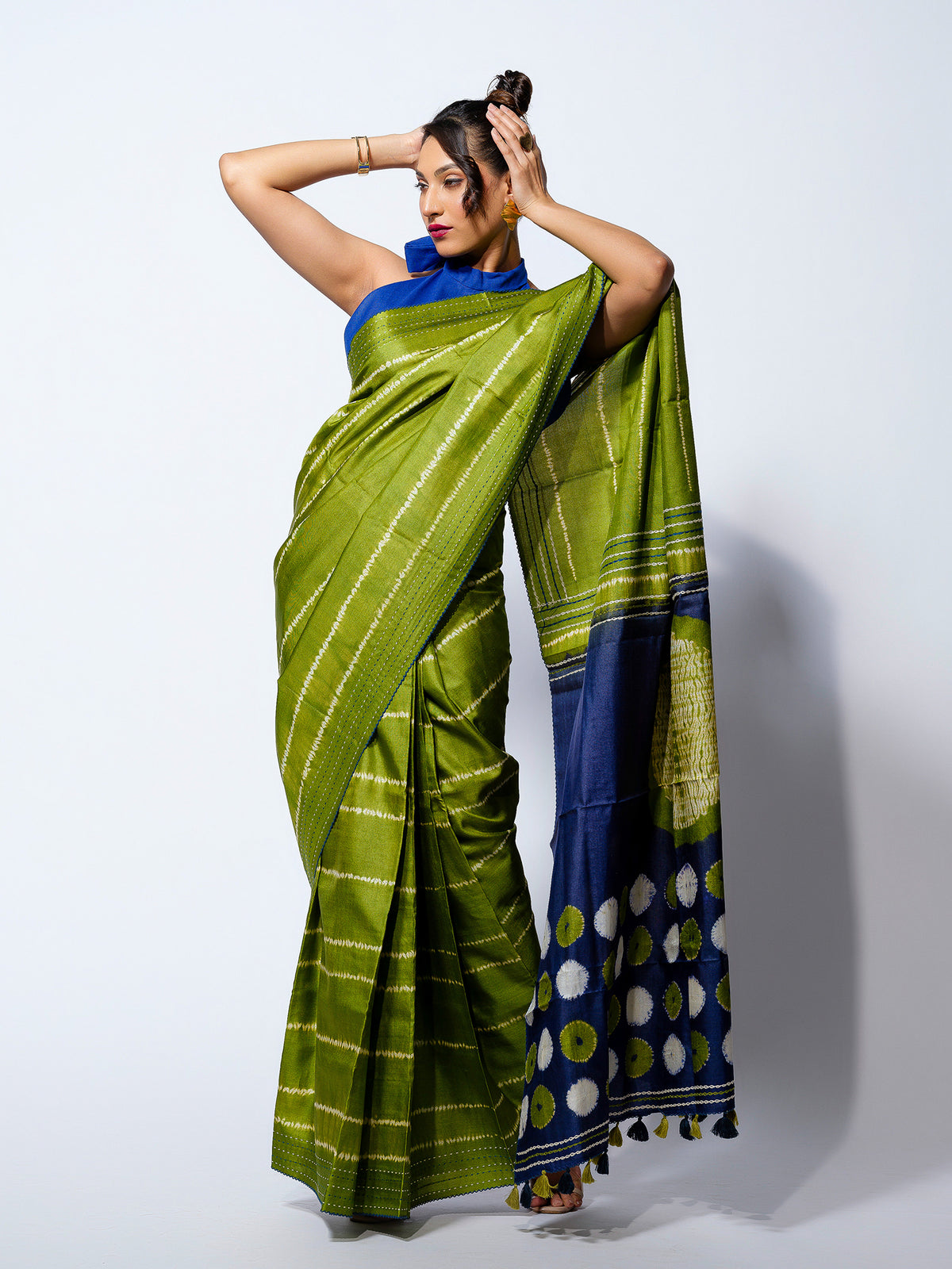 Monsoon Whisper - Olive Green Tussar Kantha Shibori Handloom Saree