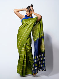 Monsoon Whisper - Olive Green Tussar Kantha Shibori Handloom Saree