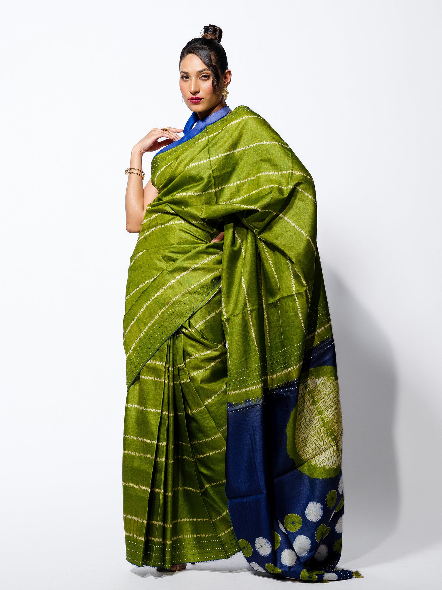 Monsoon Whisper - Olive Green Tussar Kantha Shibori Handloom Saree
