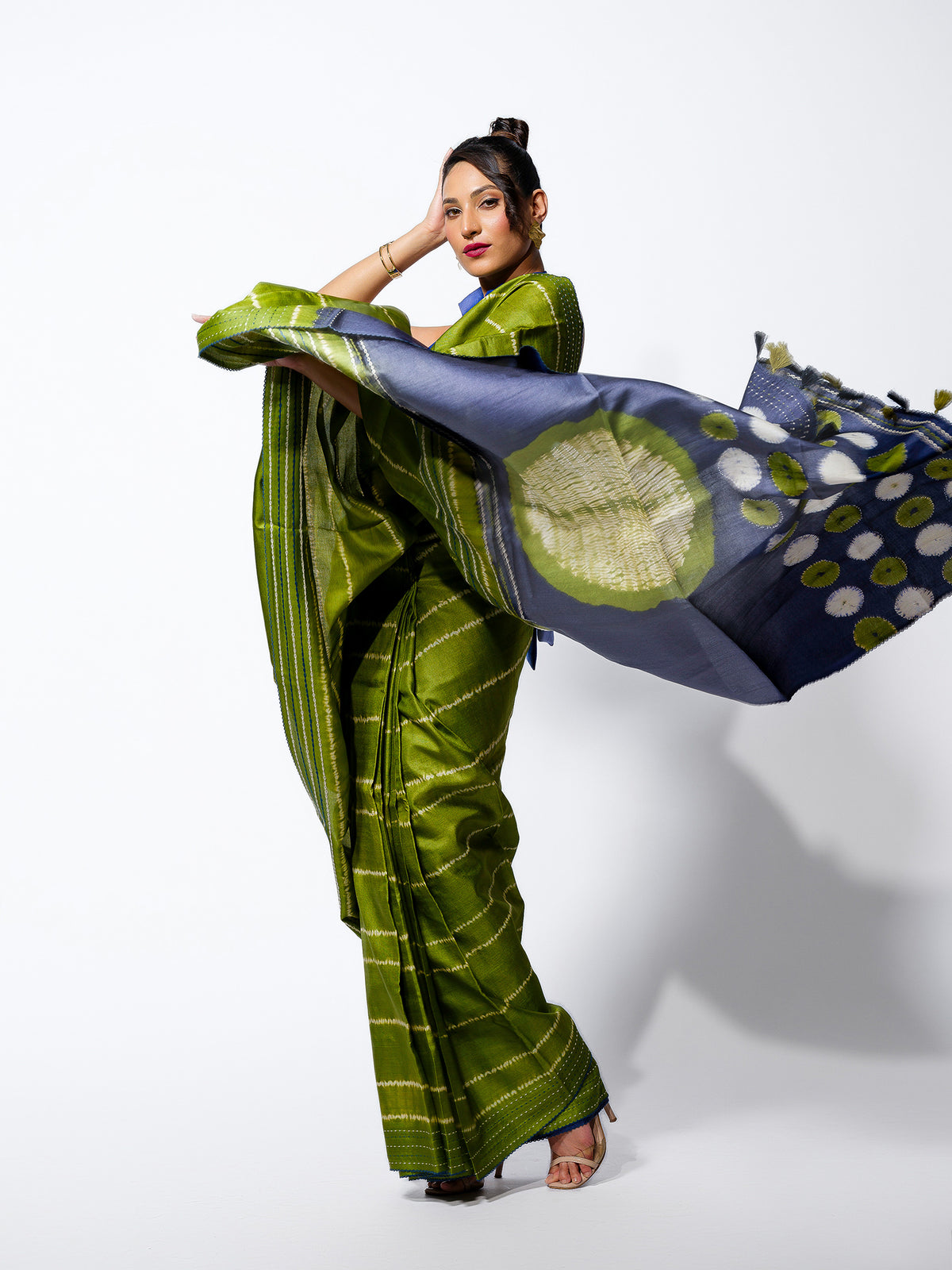 Monsoon Whisper - Olive Green Tussar Kantha Shibori Handloom Saree