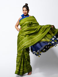 Monsoon Whisper - Olive Green Tussar Kantha Shibori Handloom Saree