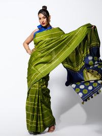 Monsoon Whisper - Olive Green Tussar Kantha Shibori Handloom Saree