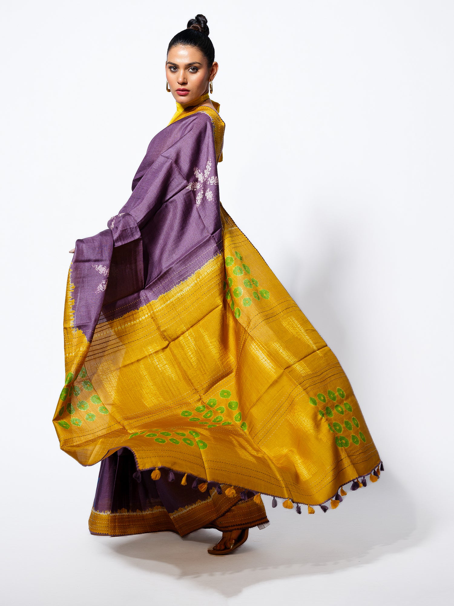Morning Haze - Lavender Tussar Kantha Shibori Handloom Saree