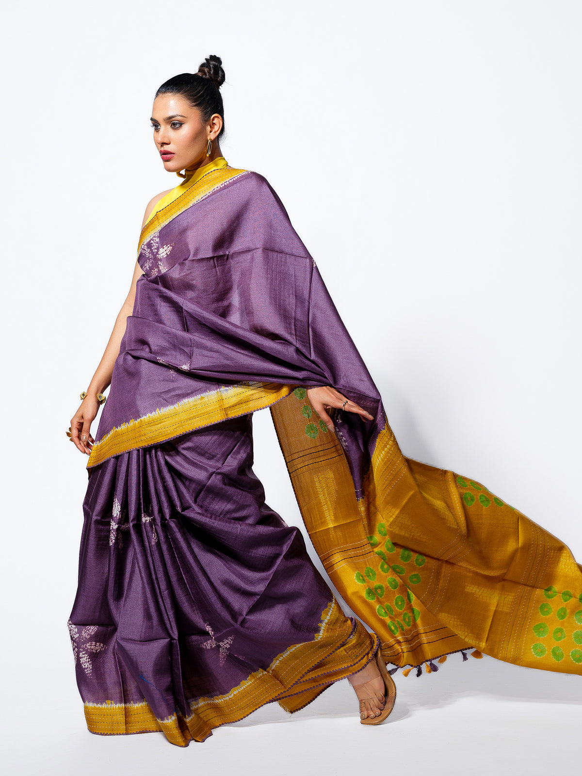 Morning Haze - Lavender Tussar Kantha Shibori Handloom Saree