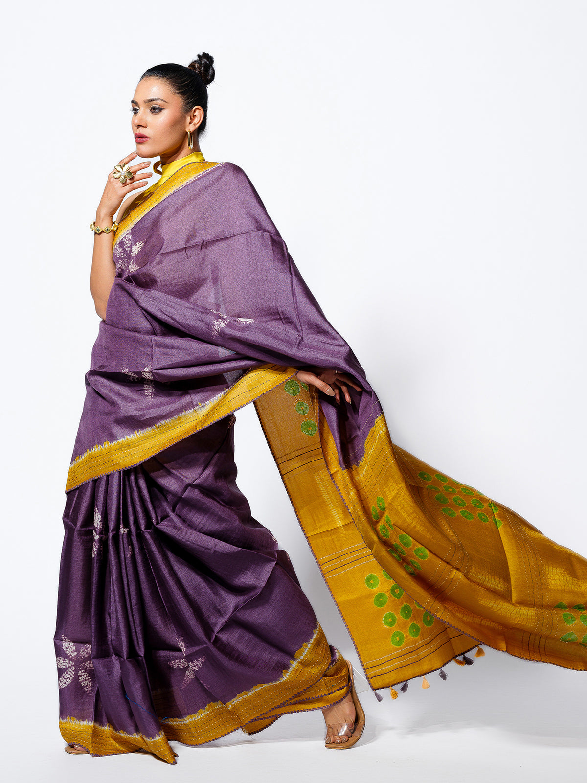 Morning Haze - Lavender Tussar Kantha Shibori Handloom Saree