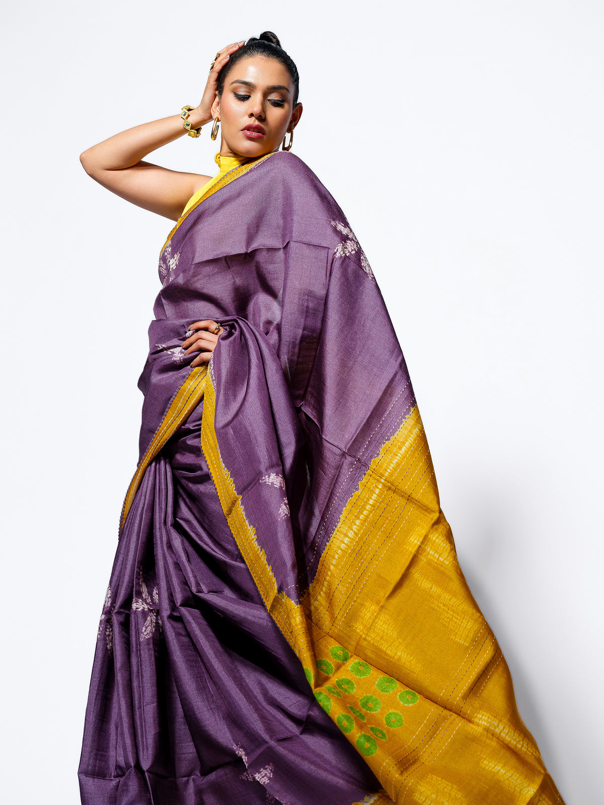Morning Haze - Lavender Tussar Kantha Shibori Handloom Saree