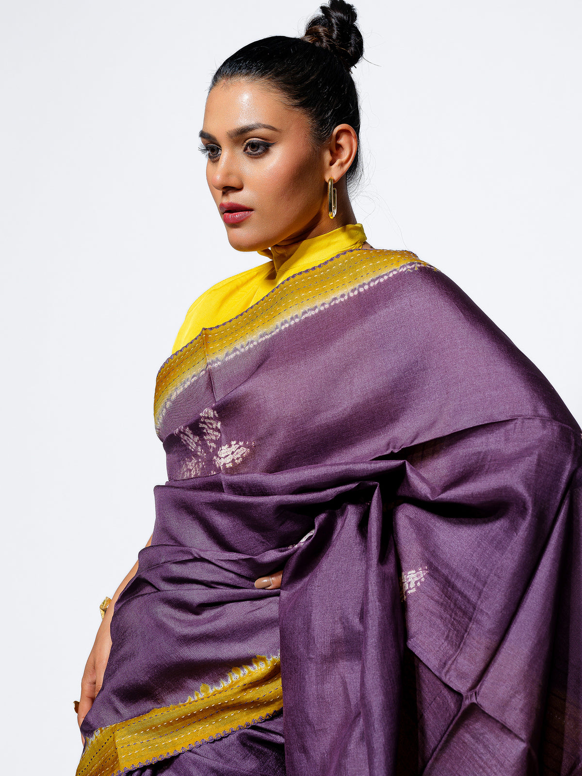 Morning Haze - Lavender Tussar Kantha Shibori Handloom Saree