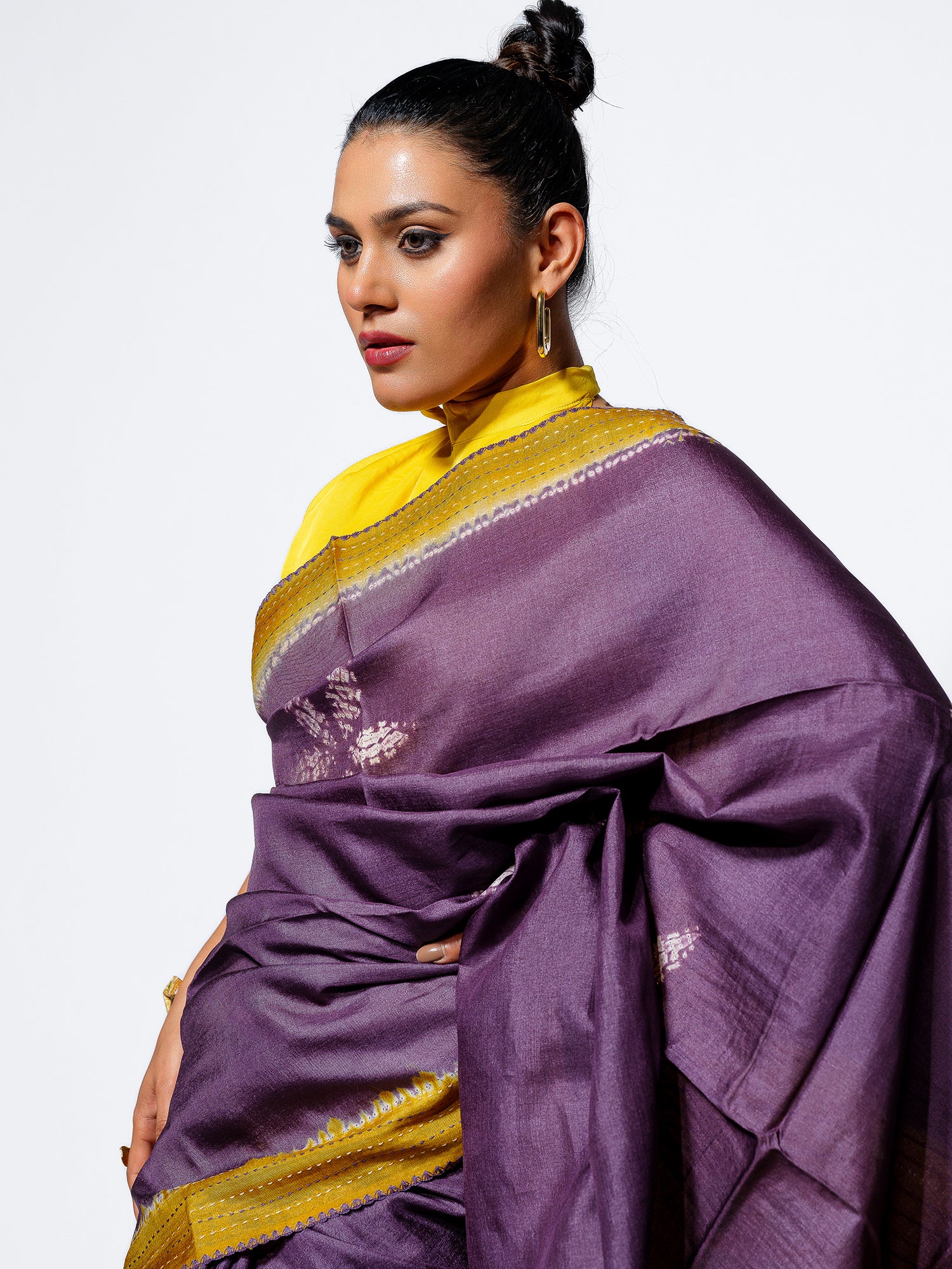Morning Haze - Lavender Tussar Kantha Shibori Handloom Saree