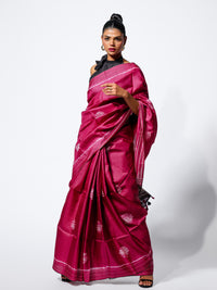 Twilight Bloom - Wine Pink Tussar Kantha Shibori Handloom Saree