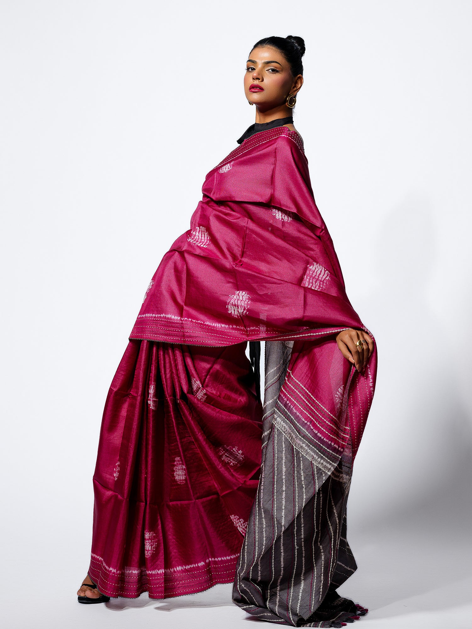 Twilight Bloom - Wine Pink Tussar Kantha Shibori Handloom Saree