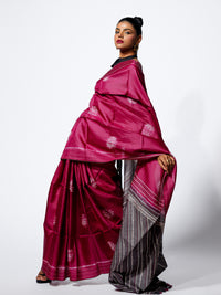 Twilight Bloom - Wine Pink Tussar Kantha Shibori Handloom Saree