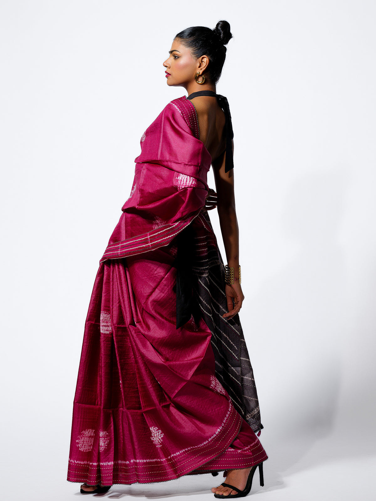 Twilight Bloom - Wine Pink Tussar Kantha Shibori Handloom Saree