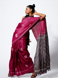 Twilight Bloom - Wine Pink Tussar Kantha Shibori Handloom Saree