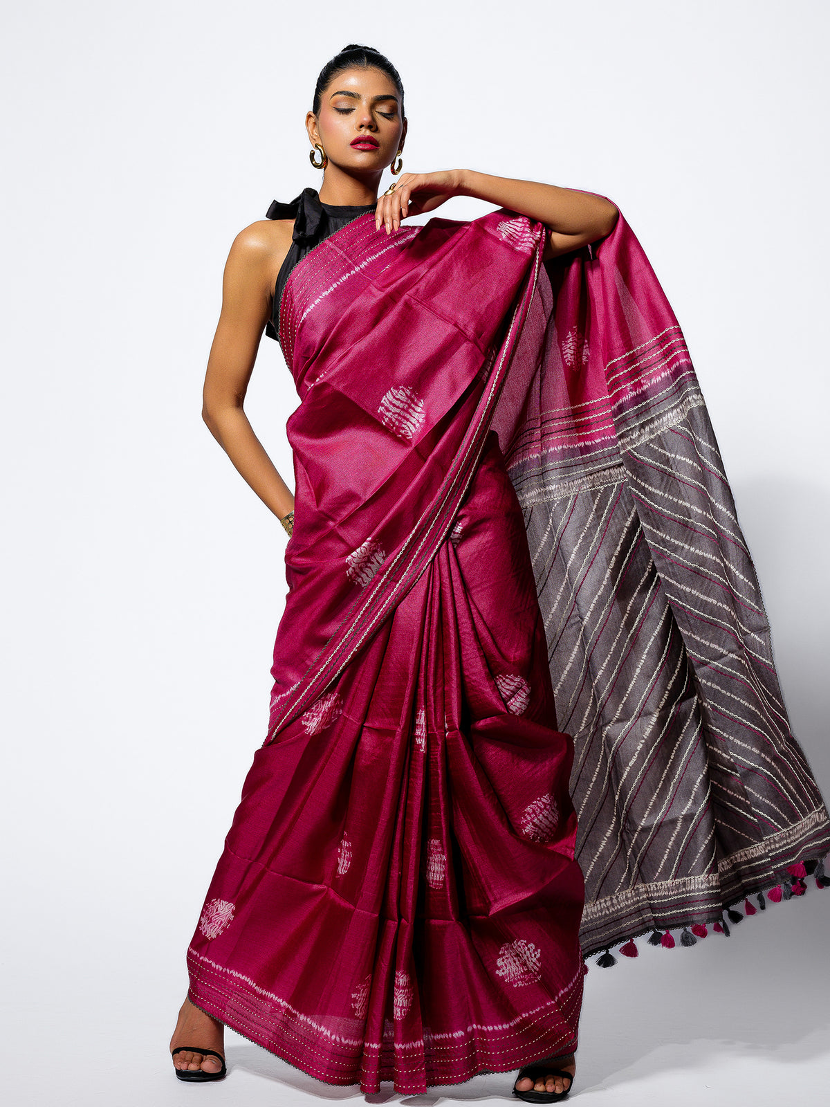 Twilight Bloom - Wine Pink Tussar Kantha Shibori Handloom Saree