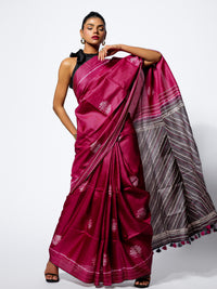 Twilight Bloom - Wine Pink Tussar Kantha Shibori Handloom Saree