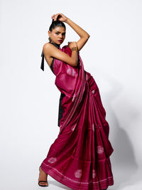 Twilight Bloom - Wine Pink Tussar Kantha Shibori Handloom Saree