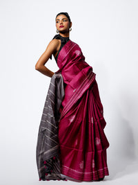 Twilight Bloom - Wine Pink Tussar Kantha Shibori Handloom Saree