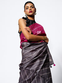 Twilight Bloom - Wine Pink Tussar Kantha Shibori Handloom Saree